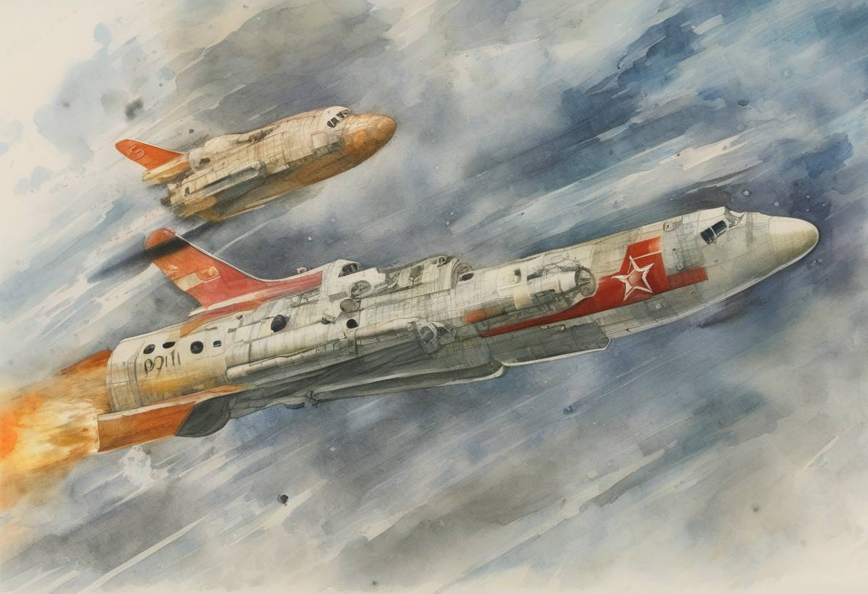 Watercolor painting based depiction of The crew of the Soviet Soyuz 11 mission was tragically killed during re-entry after a successful mission to the Salyut 1 space station, marking the first human deaths in space. (1971)