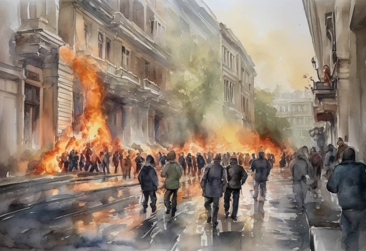 Watercolor painting based depiction of A fire broke out at the Trade Unions House in Odessa, Ukraine, during clashes between pro-Ukrainian and pro-Russian groups, resulting in the deaths of 42 people. (2014)