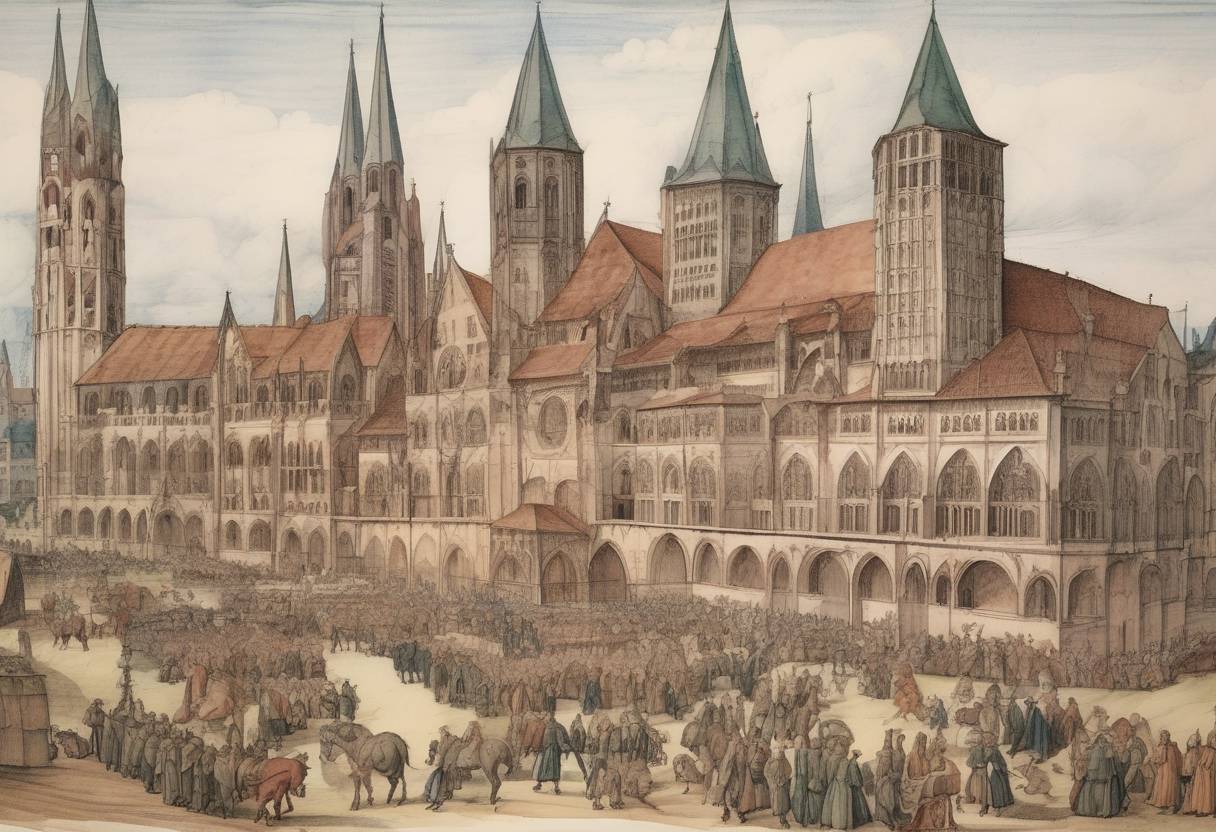 Watercolor painting based depiction of The Second Diet of Speyer ends, resulting in a protest by Lutheran princes and the origin of the term 'Protestant.' (1529)