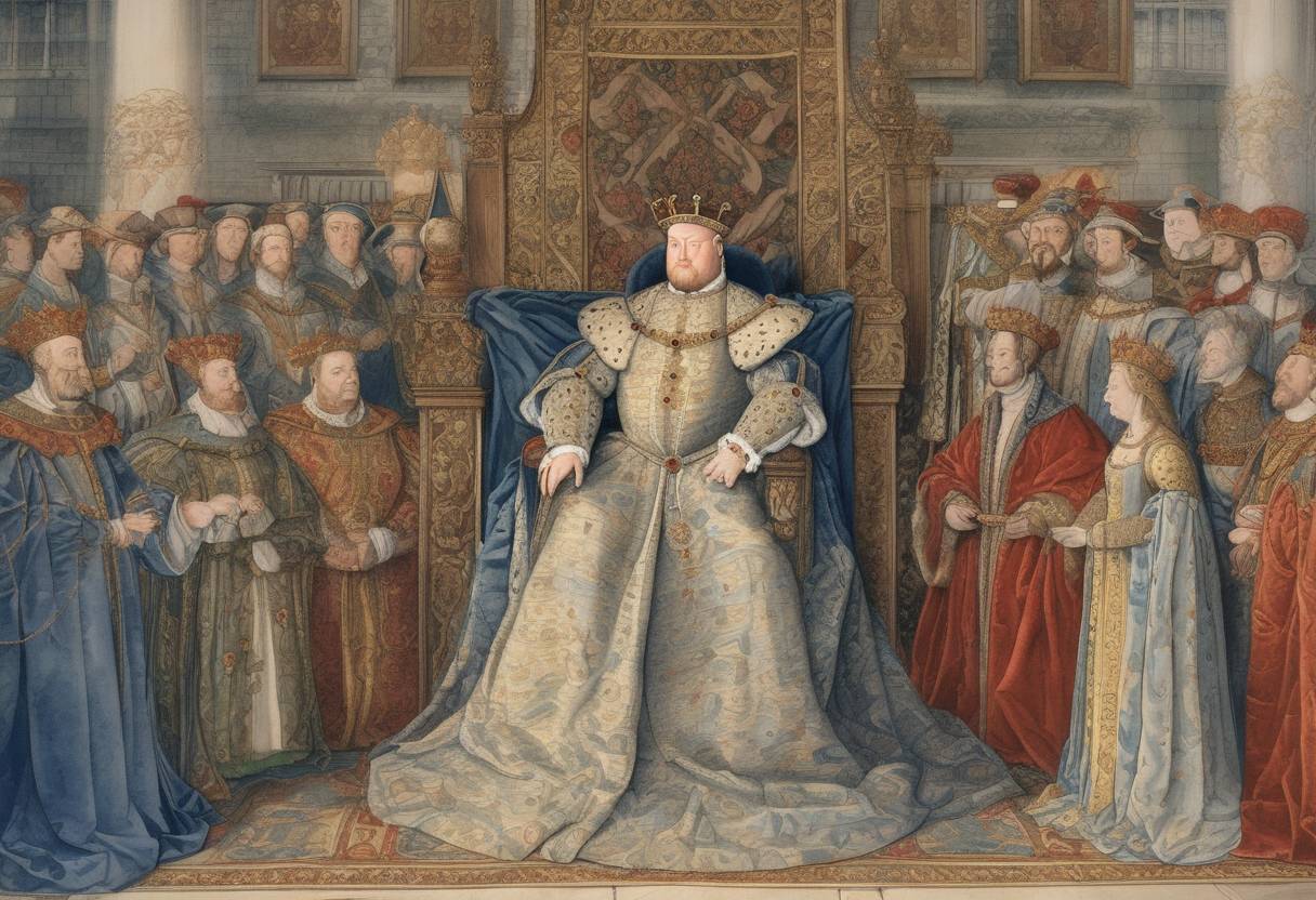 Watercolor painting based depiction of Henry VIII ascended to the throne of England following the death of his father, Henry VII. (1509)