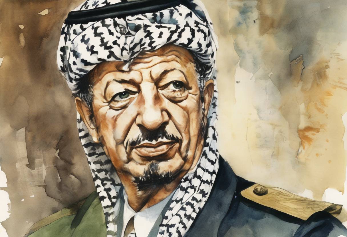 Watercolor painting based depiction of Yasser Arafat was appointed leader of the Palestine Liberation Organization (PLO). (1969)