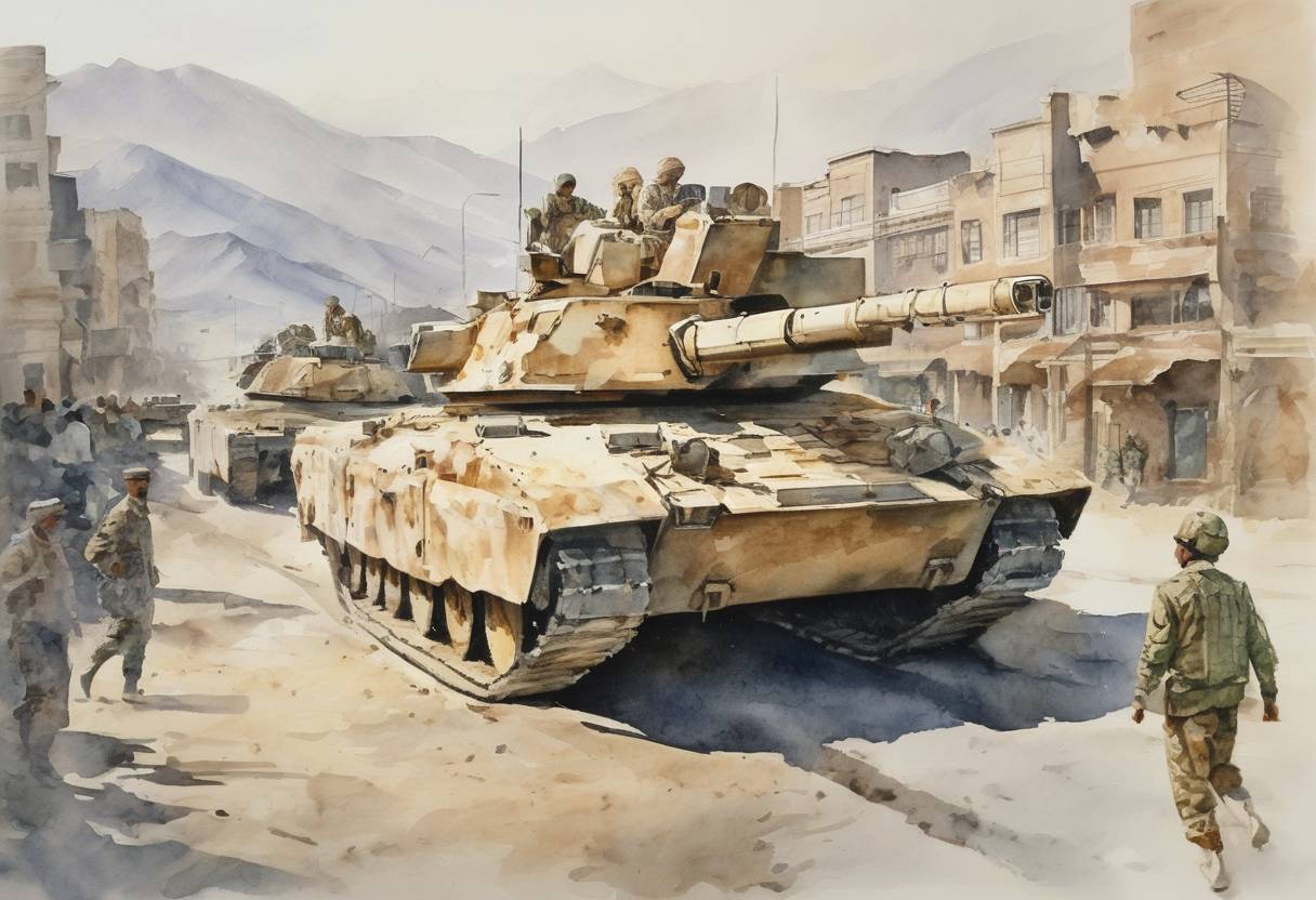 Watercolor painting based depiction of The last Soviet armored column left Kabul, ending nine years of military occupation in Afghanistan. (1989)