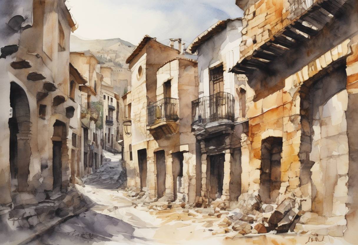 Watercolor painting based depiction of An earthquake of magnitude 5.1 struck the town of Lorca in southeastern Spain, causing significant damage and resulting in nine deaths. (2011)