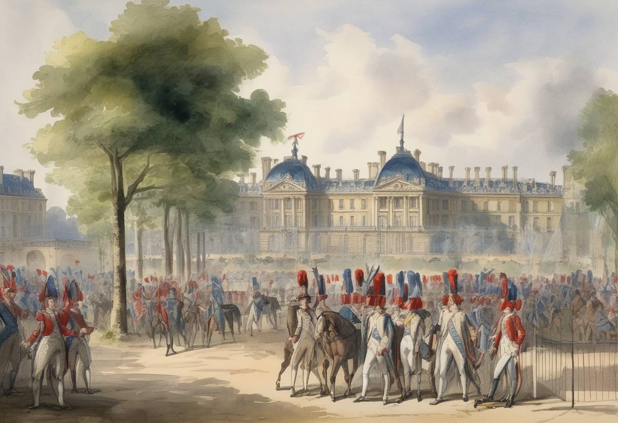 Watercolor painting based depiction of The Tuileries Palace was stormed by the National Guard and the sans-culottes, marking a turning point in the French Revolution. (1792)