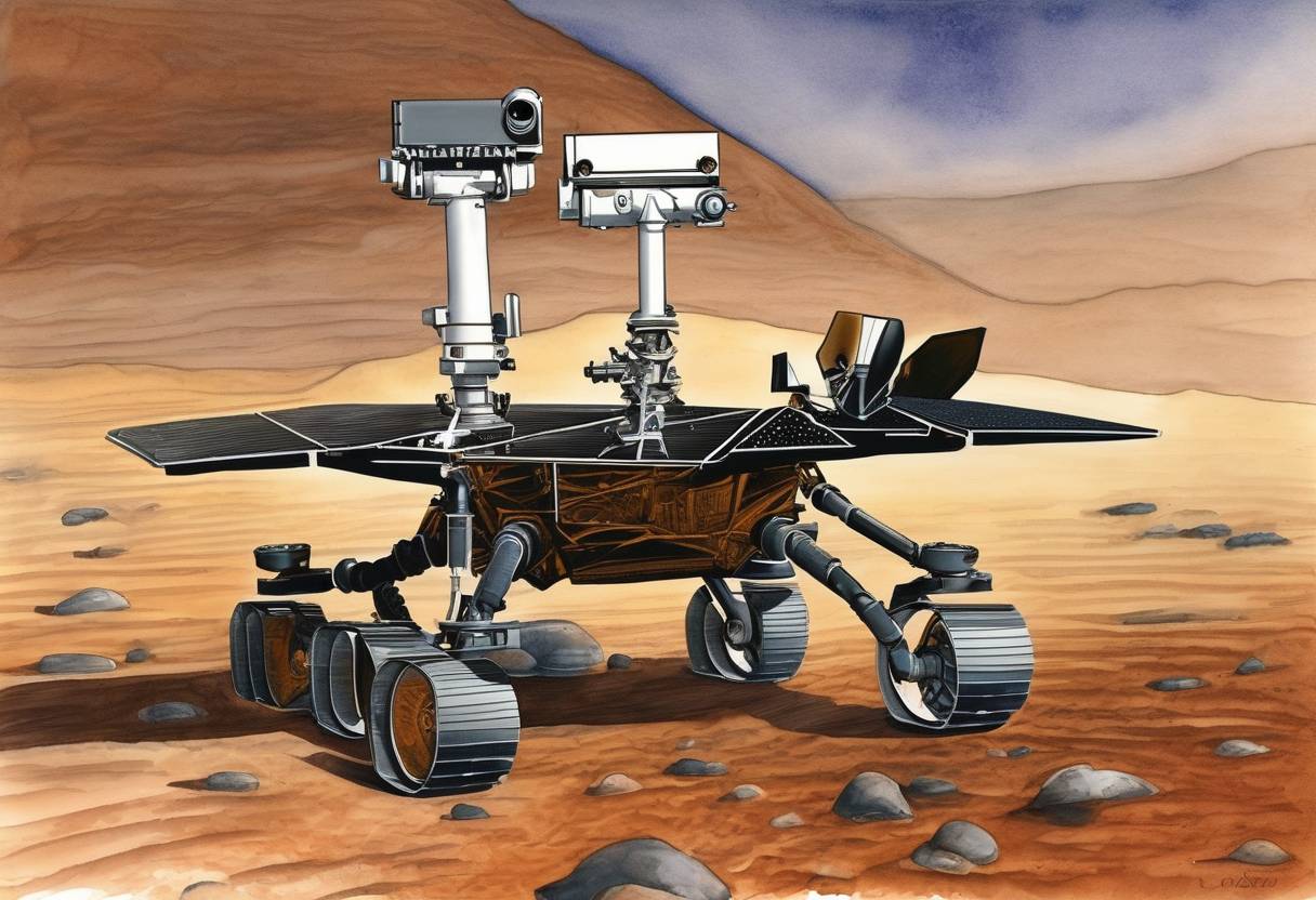 Watercolor painting based depiction of NASA's Opportunity rover landed on Mars as part of the Mars Exploration Rover mission, beginning its mission to explore the Martian surface and geology. (2004)