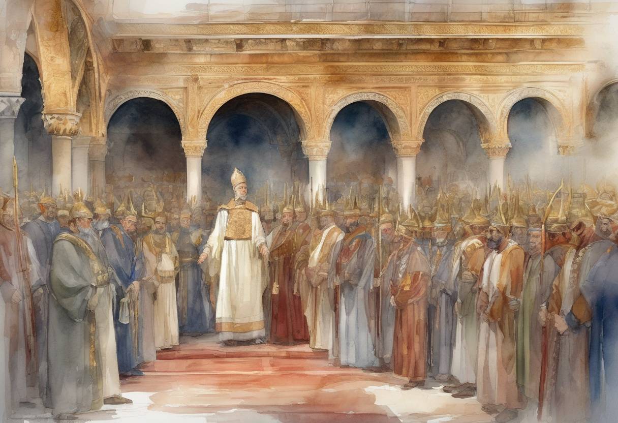 Watercolor painting based depiction of Eutychius is deposed as Patriarch of Constantinople by Byzantine Emperor Justinian I. (565)