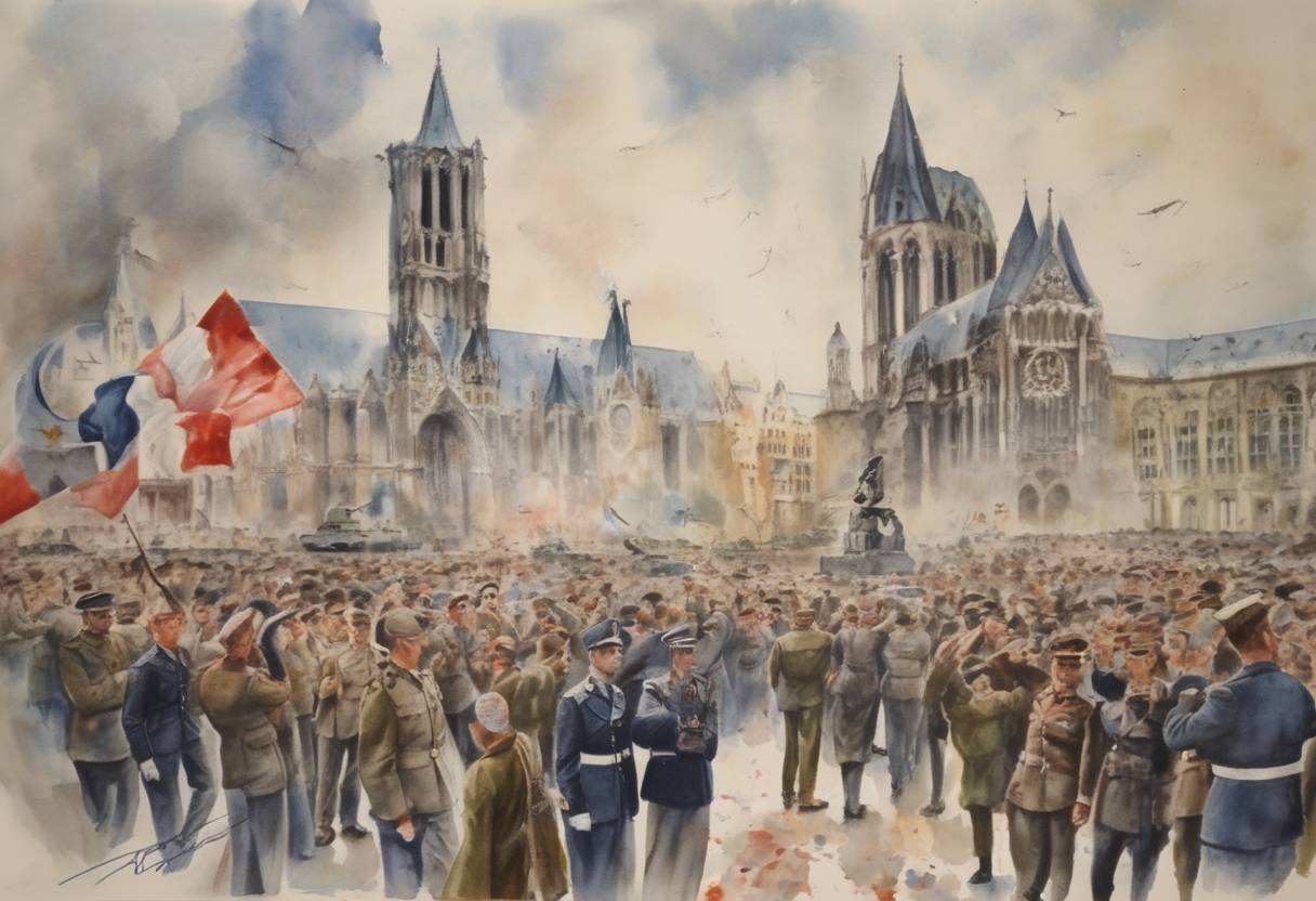 Watercolor painting based depiction of Germany signed an unconditional surrender at Allied headquarters in Reims, France, effectively ending World War II in Europe. This event is commemorated as Victory in Europe Day (V-E Day). (1945)