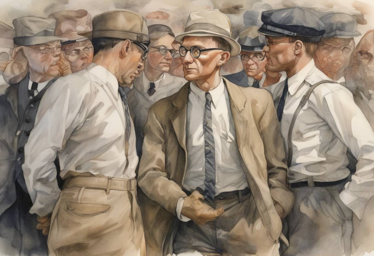 Watercolor painting based depiction of John T. Scopes is arrested for teaching evolution in violation of Tennessee's Butler Act, leading to the famous Scopes Trial. (1925)