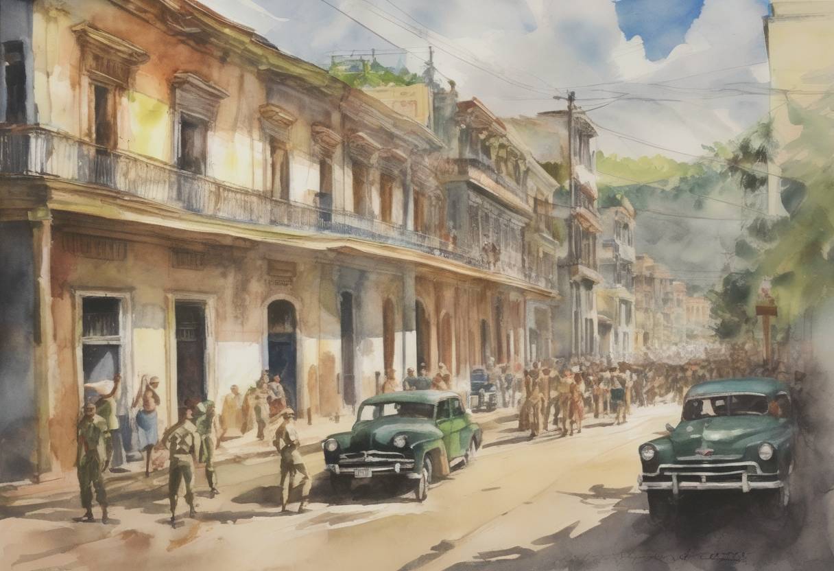 Watercolor painting based depiction of The Cuban Revolution began with an attack on the Moncada Barracks by Fidel Castro and his followers, marking the start of a movement that would eventually overthrow the Batista regime. (1953)