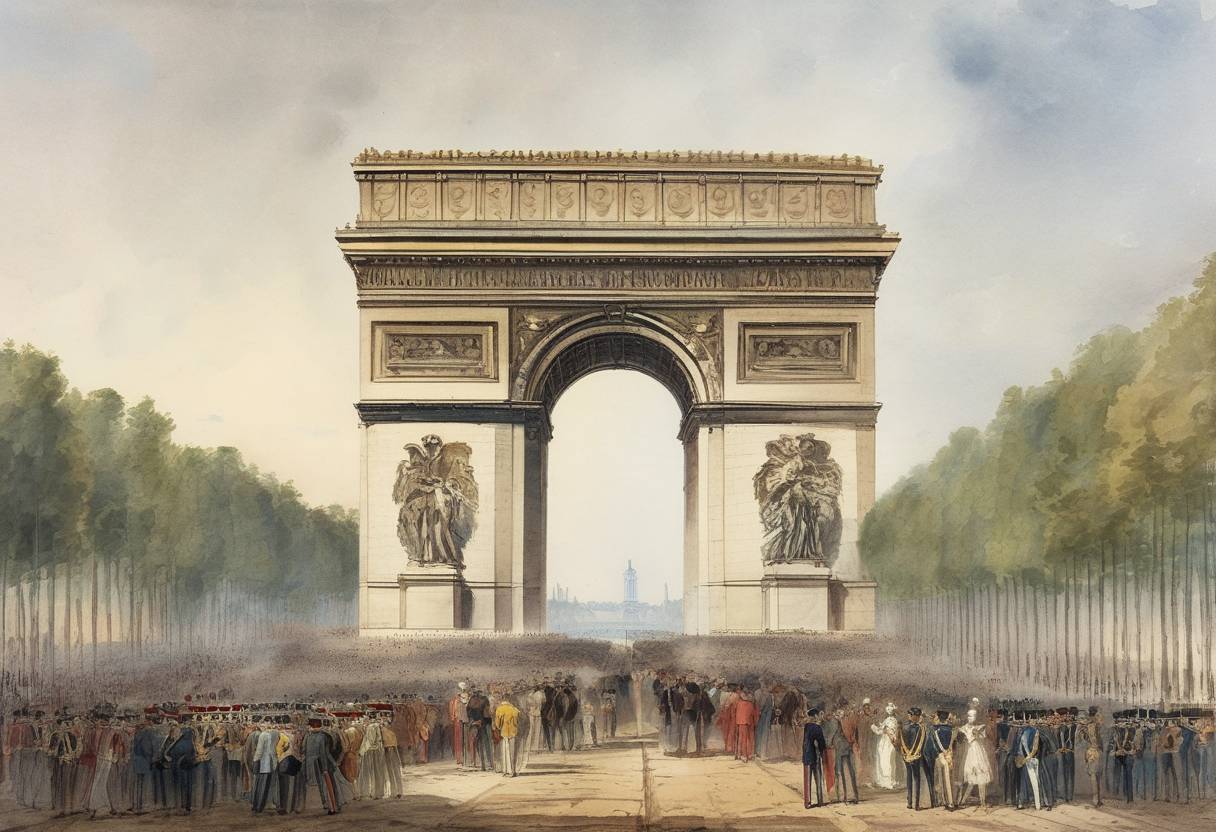 Watercolor painting based depiction of Inauguration of the Arc de Triomphe in Paris, commissioned by Napoleon after his victory at Austerlitz in 1805. (1836)