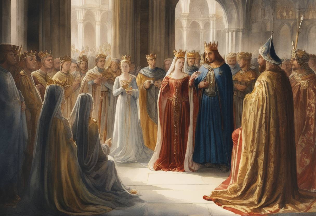Watercolor painting based depiction of Eleanor of Aquitaine married Louis VII of France, becoming Queen of France. This marriage significantly increased the power and influence of the Capetian dynasty through her extensive lands and wealth. (1137)
