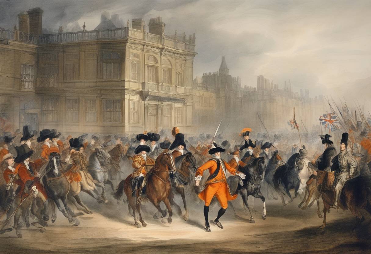 Watercolor painting based depiction of James II of England flees to France during the Glorious Revolution, marking a pivotal point in the transfer of power to William of Orange. (1688)