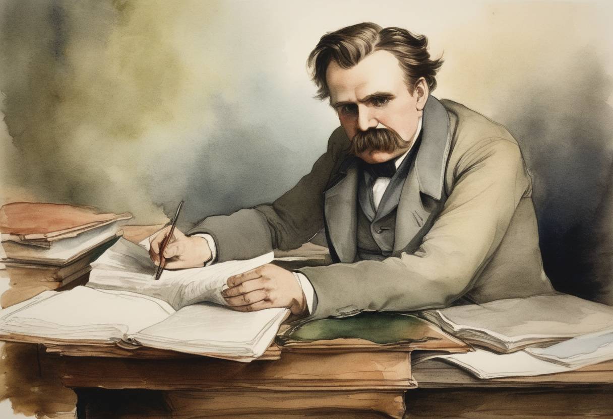 Watercolor painting based depiction of Friedrich Nietzsche, the influential German philosopher, cultural critic, and poet known for his profound impact on Western philosophy and modern intellectual history, was born. (1844)