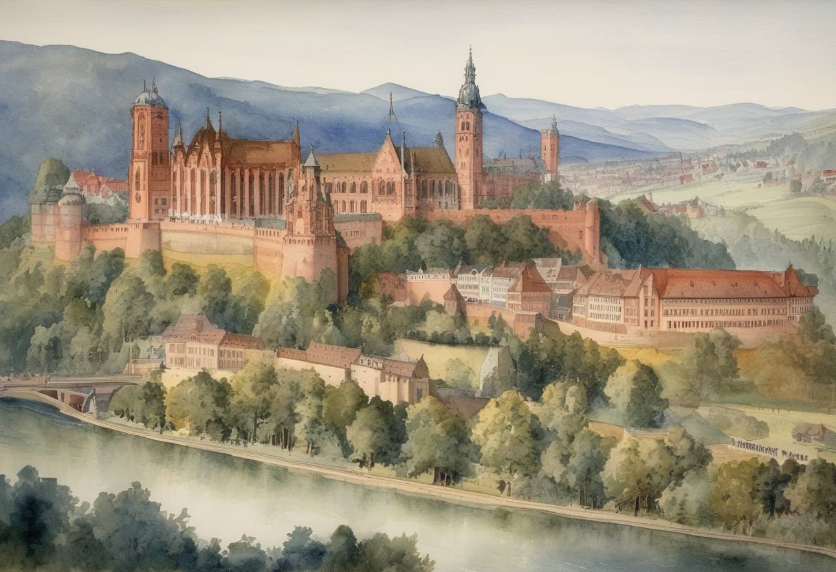 Watercolor painting based depiction of The University of Heidelberg, the oldest university in Germany, is formally established by Rupert I, the Elector Palatine. (1386)