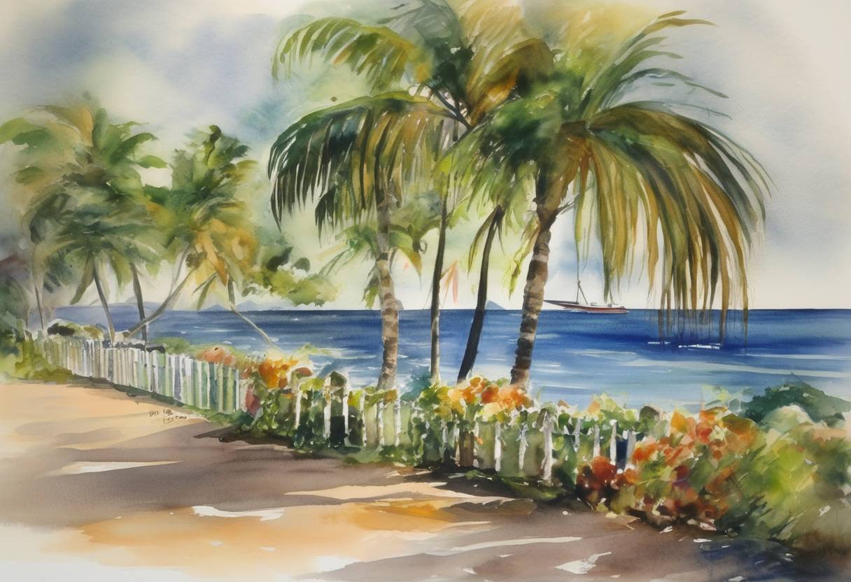 Watercolor painting based depiction of Saint Kitts and Nevis gained independence from the United Kingdom, becoming the newest nation in the world at that time. (1983)