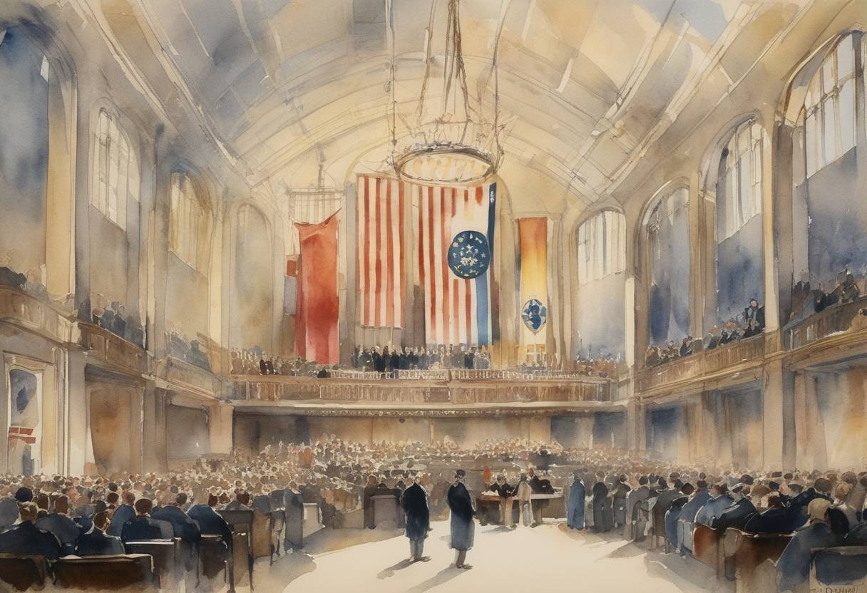 Watercolor painting based depiction of The League of Nations Assembly voted unanimously to admit Germany, marking its official entry into the international organization. (1926)
