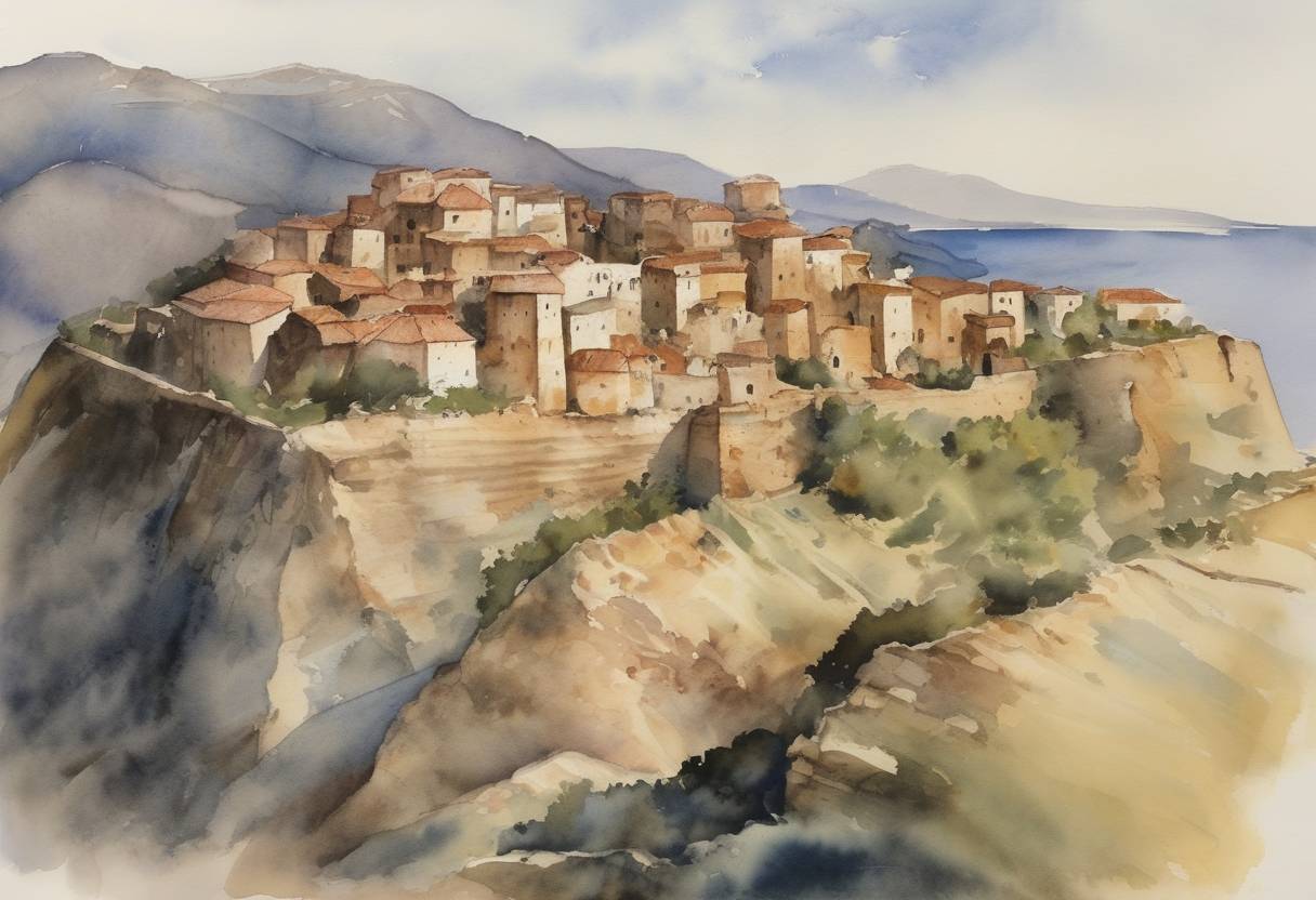 Watercolor painting based depiction of An earthquake strikes the region of Crete, then part of the Byzantine Empire, causing significant damage. (1309)