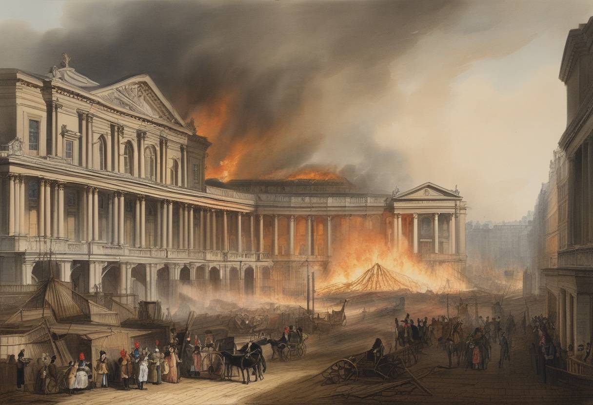 Watercolor painting based depiction of The Royal Opera House in Covent Garden, London, is destroyed in a fire. (1809)