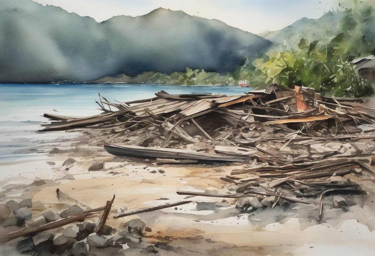 Watercolor painting based depiction of A 7.5-magnitude earthquake strikes the island of Sulawesi in Indonesia, triggering a tsunami and resulting in a significant loss of life and widespread damage. (2018)