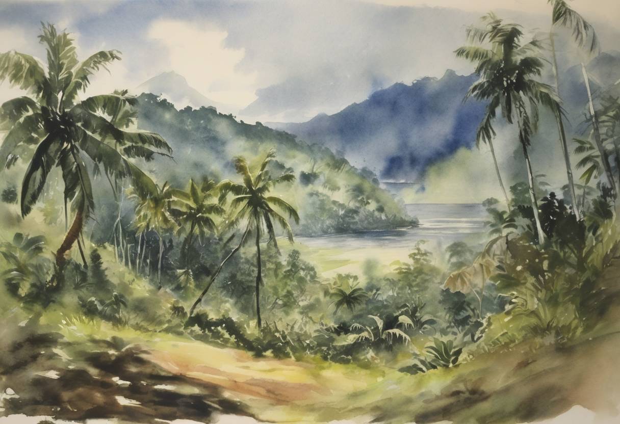 Watercolor painting based depiction of The Battle of Edson's Ridge, part of the Guadalcanal Campaign in World War II, began as Japanese forces attacked U.S. Marines positioned on a strategic ridge. (1942)