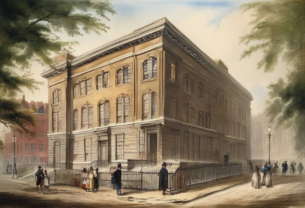 Watercolor painting based depiction of The first YMCA in North America was established in Montreal as the Montreal YMCA, founded by George Williams and Thomas W. Earle. (1851)