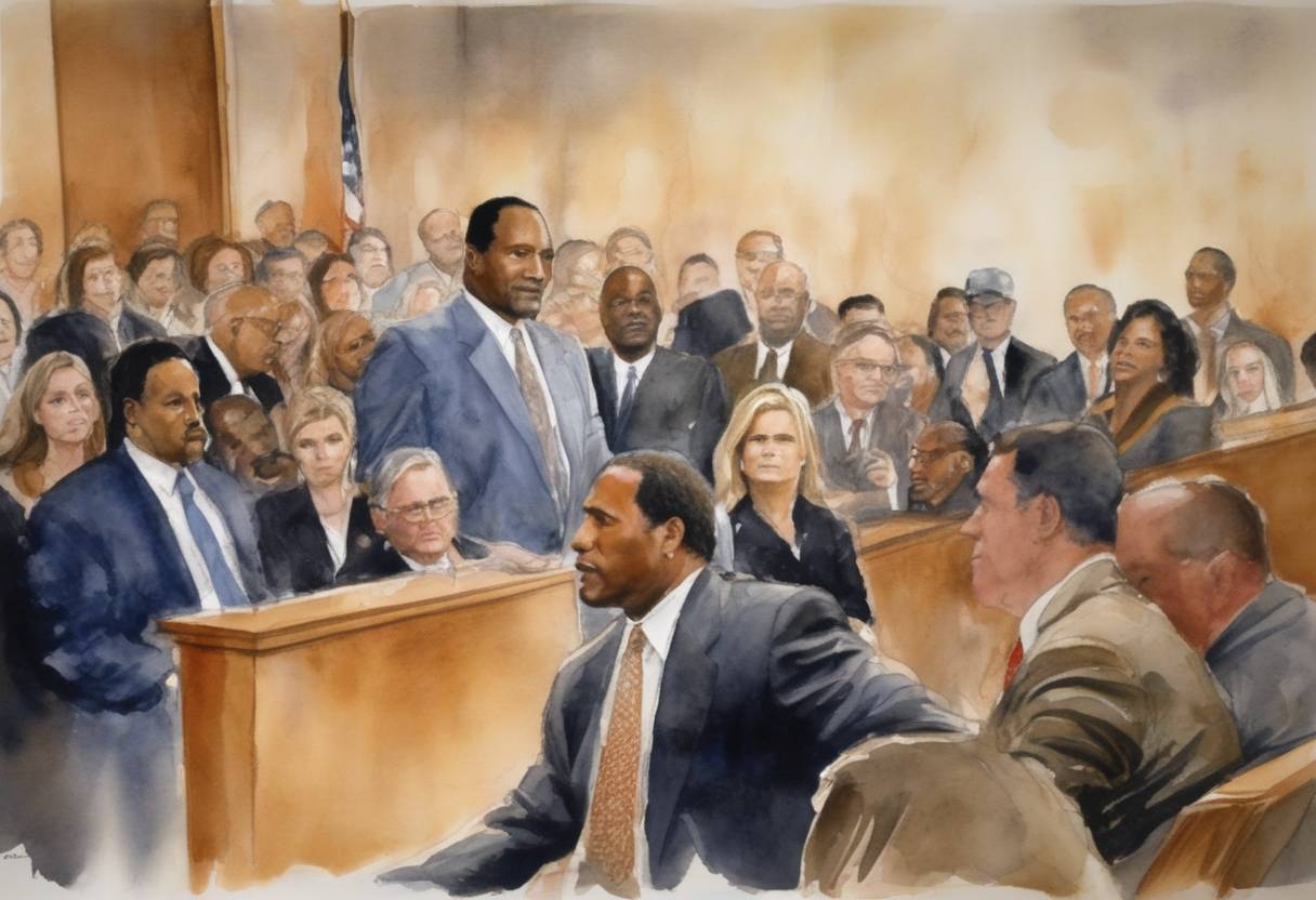 Watercolor painting based depiction of O.J. Simpson is acquitted of the murders of Nicole Brown Simpson and Ron Goldman. The trial had taken place over much of the preceding year and received worldwide publicity. (1995)