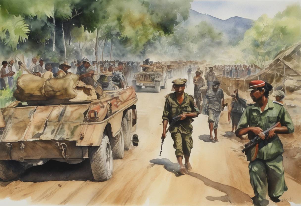 Watercolor painting based depiction of The Siege of Aknada in Timor-Leste, part of the wider conflict surrounding the country's independence referendum, comes to an end as the United Nations Transitional Administration in East Timor (UNTAET) took control, marking a significant step in East Timor's path to sovereignty. (2000)
