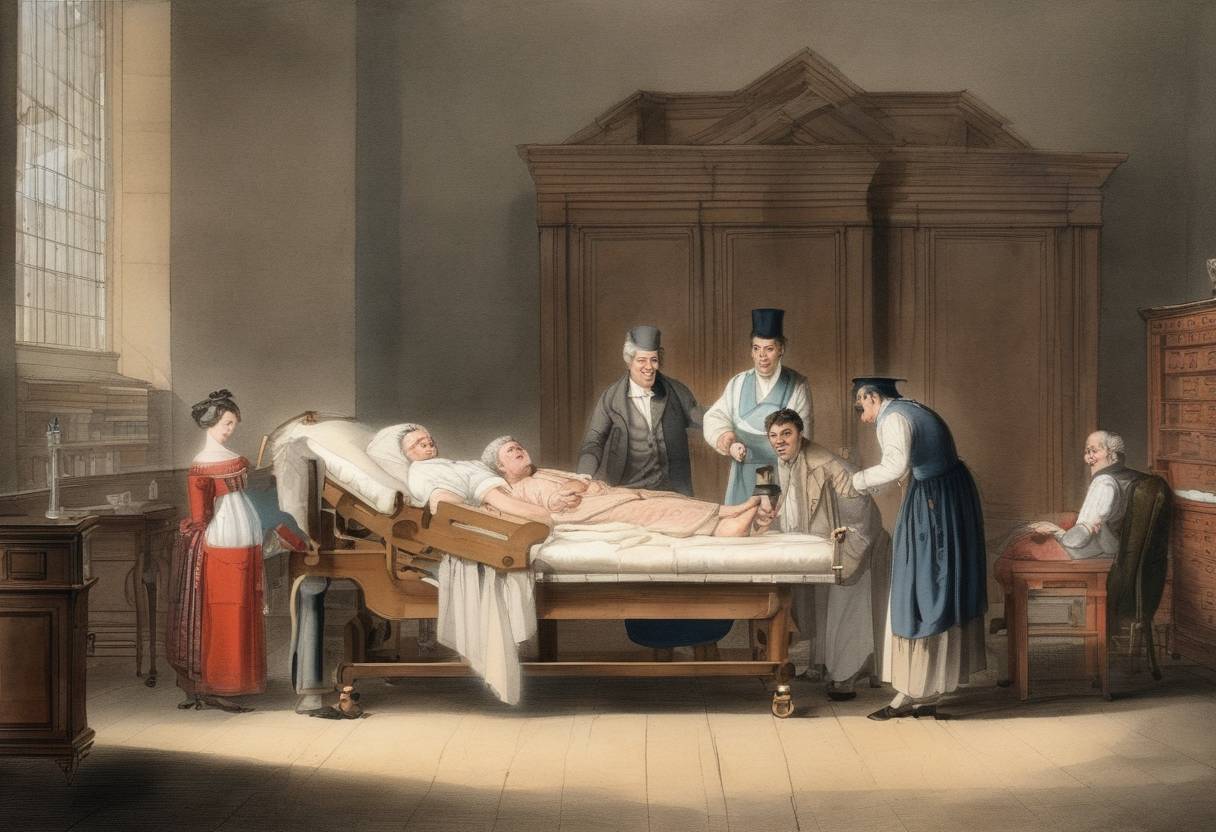 Watercolor painting based depiction of The first-ever human blood transfusion using human blood was performed by British obstetrician James Blundell, marking a significant milestone in medical history. (1818)