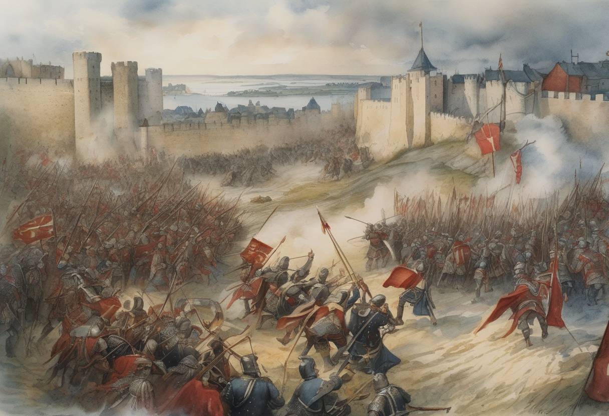 Watercolor painting based depiction of The Battle of Visby is concluded with Danish forces capturing Gotland after defeating the troops of the Swedish King Magnus Eriksson. (1361)