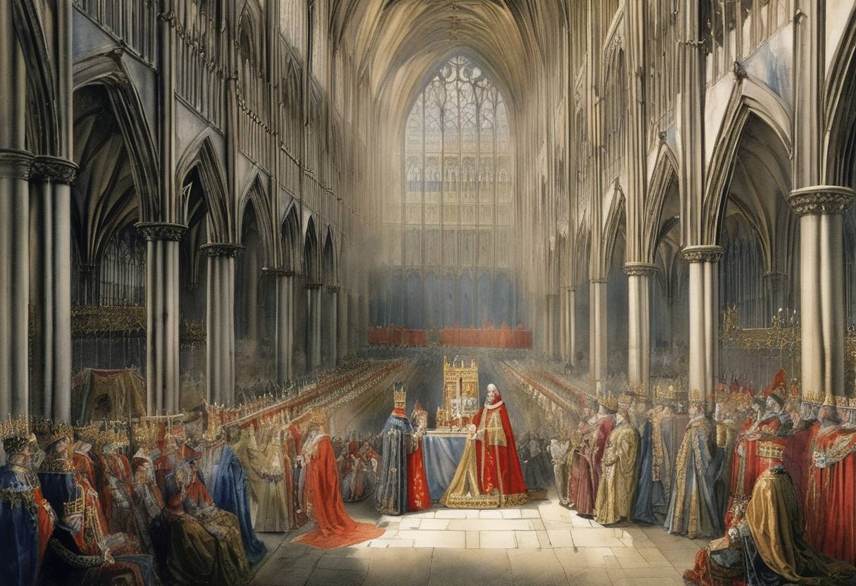 Watercolor painting based depiction of Henry IV of England's coronation took place at Westminster Abbey. (1399)