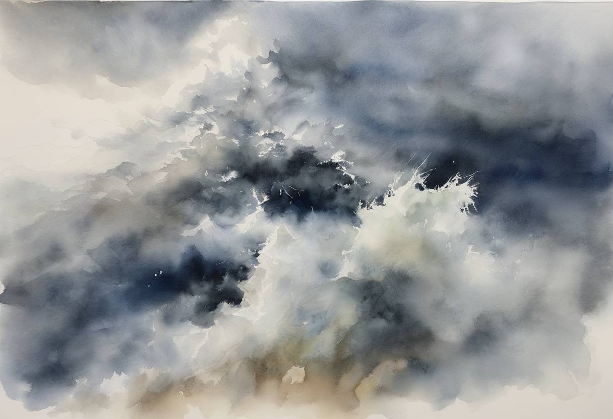 Watercolor painting based depiction of Typhoon Nanmadol made landfall in southern Japan. It was a particularly powerful typhoon, causing widespread damage, power outages, and prompting extensive evacuations in the affected areas. (2022)