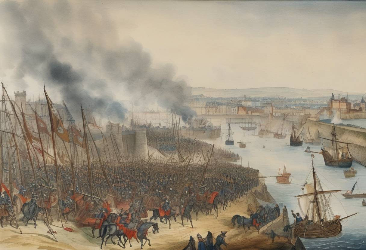 Watercolor painting based depiction of The Siege of Boulogne ends as the city is handed back to France under the terms of the Treaty of Boulogne. This marked the end of hostilities between England and France in this conflict. (1547)