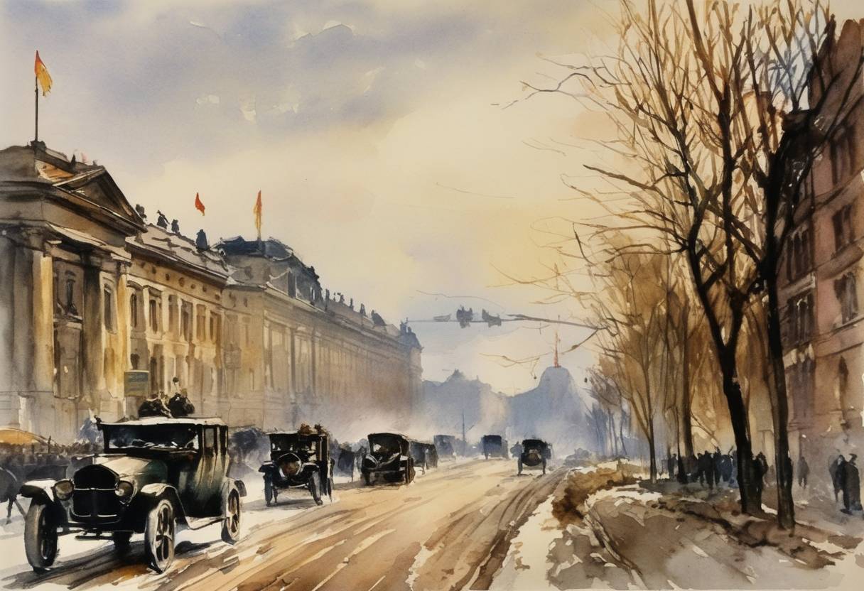 Watercolor painting based depiction of Germany declares war on Romania during World War I, expanding the Eastern European front as Romania joins the Allied Powers. (1916)