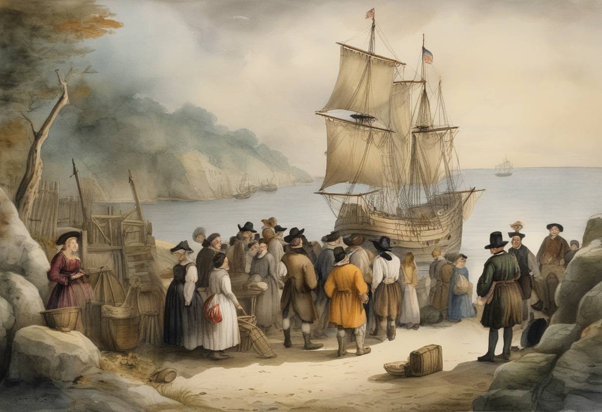 Watercolor painting based depiction of The Pilgrims on board the Mayflower land at Plymouth Rock, Massachusetts. (1620)