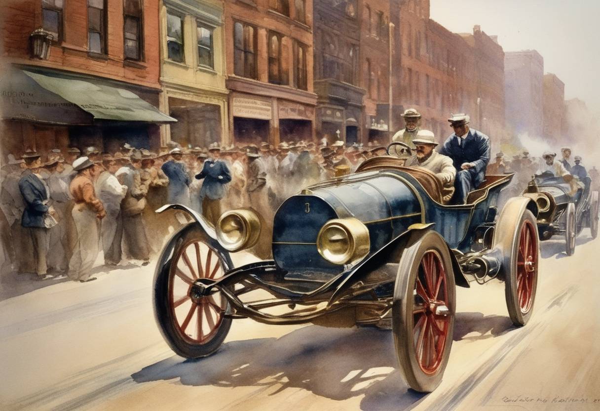 Watercolor painting based depiction of The first American automobile race took place. Organized by the Chicago Times-Herald, the race was a 54-mile course from Chicago to Evanston, Illinois and back. (1895)