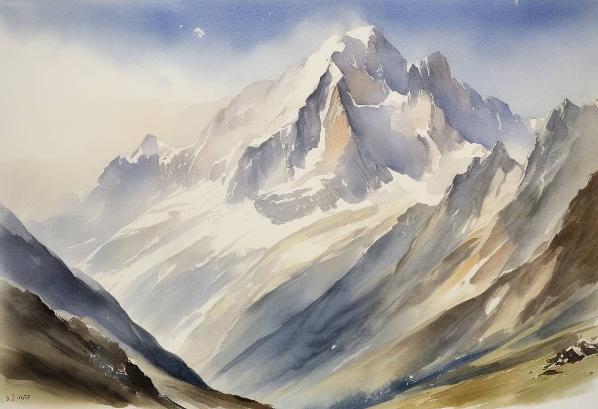 Watercolor painting based depiction of The first recorded ascent of Mont Blanc, the highest mountain in the Alps, is successfully completed by Jacques Balmat and Dr. Michel Paccard. (1778)