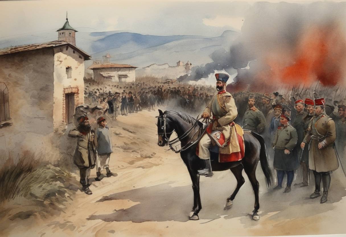 Watercolor painting based depiction of Bulgaria signed an armistice with the Ottoman Empire, temporarily halting hostilities in the First Balkan War. (1912)