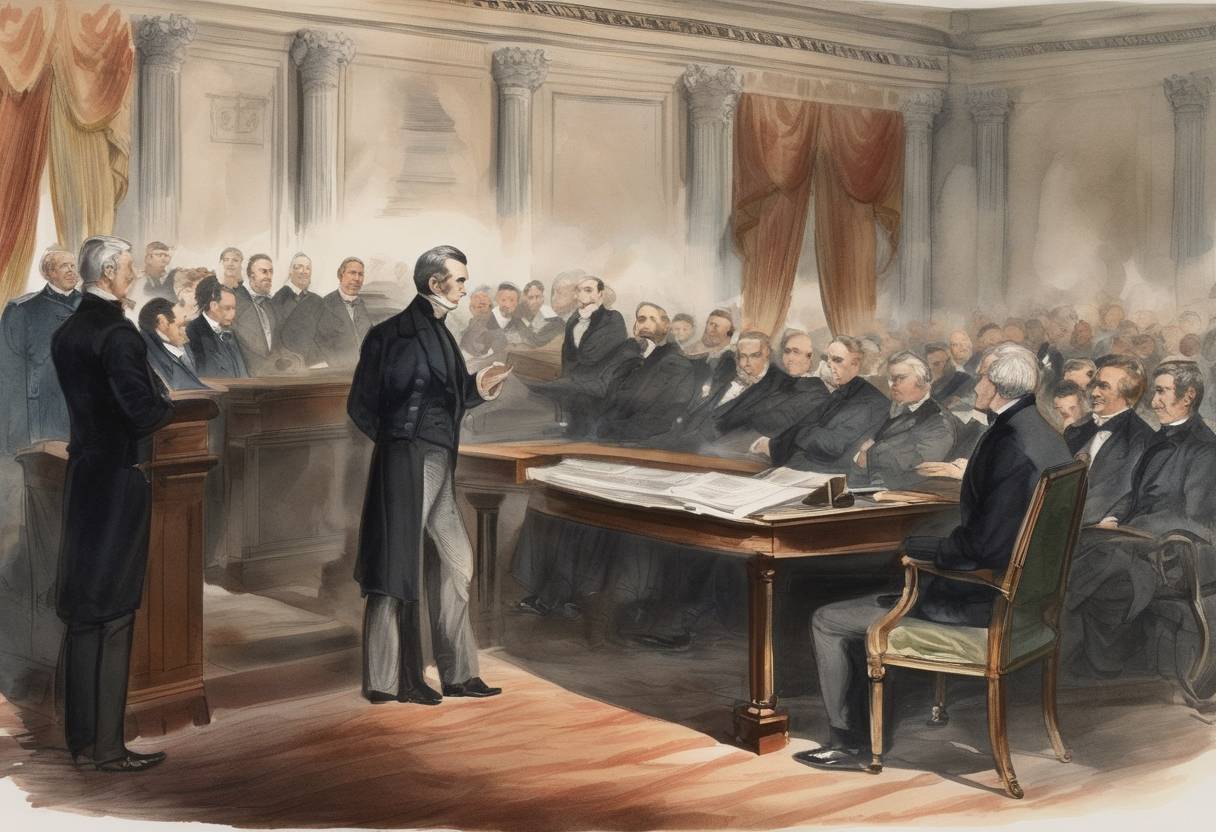 Watercolor painting based depiction of In his State of the Union address to Congress, President James K. Polk reaffirms the validity of U.S. territorial claims after the Mexican-American War and urges the admission of California and New Mexico as states. (1848)