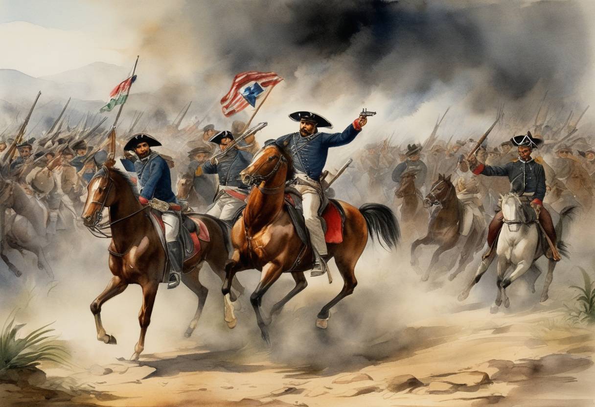 Watercolor painting based depiction of The Texas Revolution: The Battle of Concepción, the first major armed conflict of the war, was fought between Mexican troops and Texan insurgents. (1835)