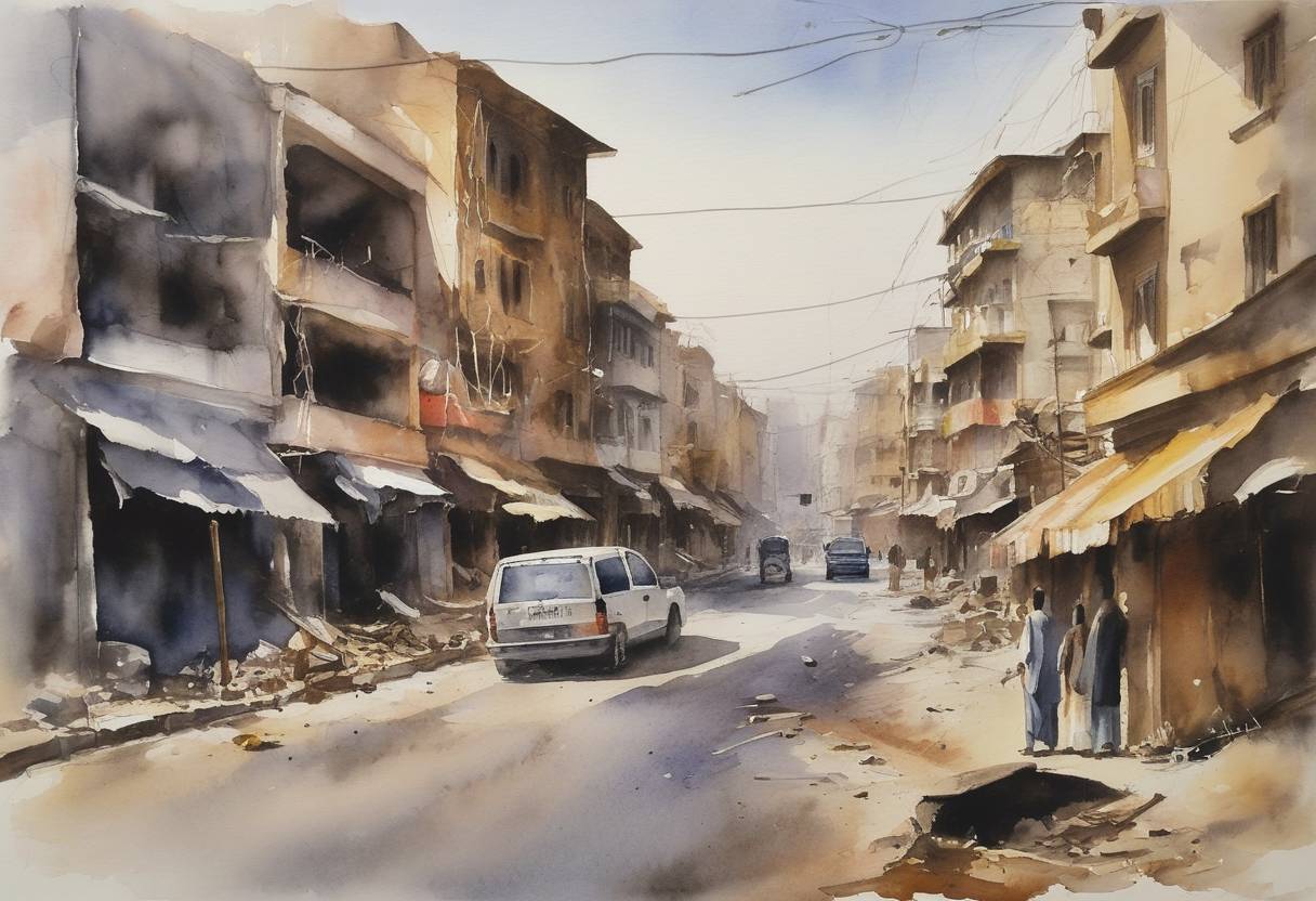 Watercolor painting based depiction of Three suicide bombings occur in Rawalpindi, Pakistan, killing at least 25 people, including many Ministry of Defence employees. (2007)