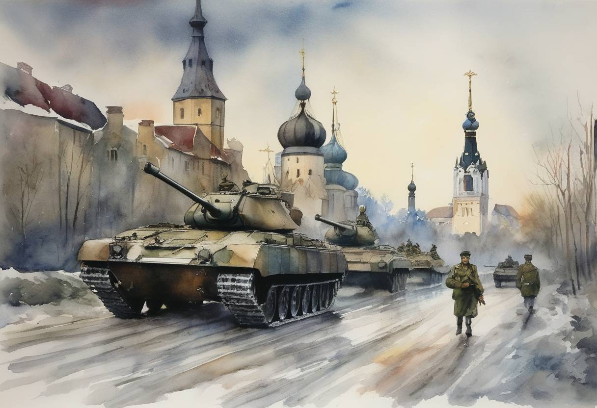 Watercolor painting based depiction of The last Russian troops left Estonia, following the country's independence from the Soviet Union in 1991. This withdrawal symbolized the end of Russian military presence in the Baltic state and was part of broader efforts to secure sovereignty over its territory. (1994)