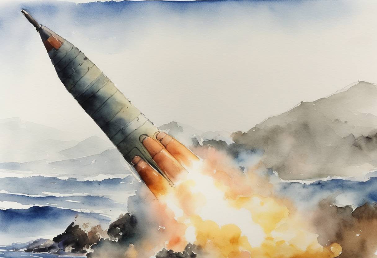 Watercolor painting based depiction of A South Korean ballistic missile successfully hit a target in half the maximum range capability in a test near the coast, conducted amid heightened tensions on the Korean Peninsula, with North Korea frequently testing its own missile systems. (2022)