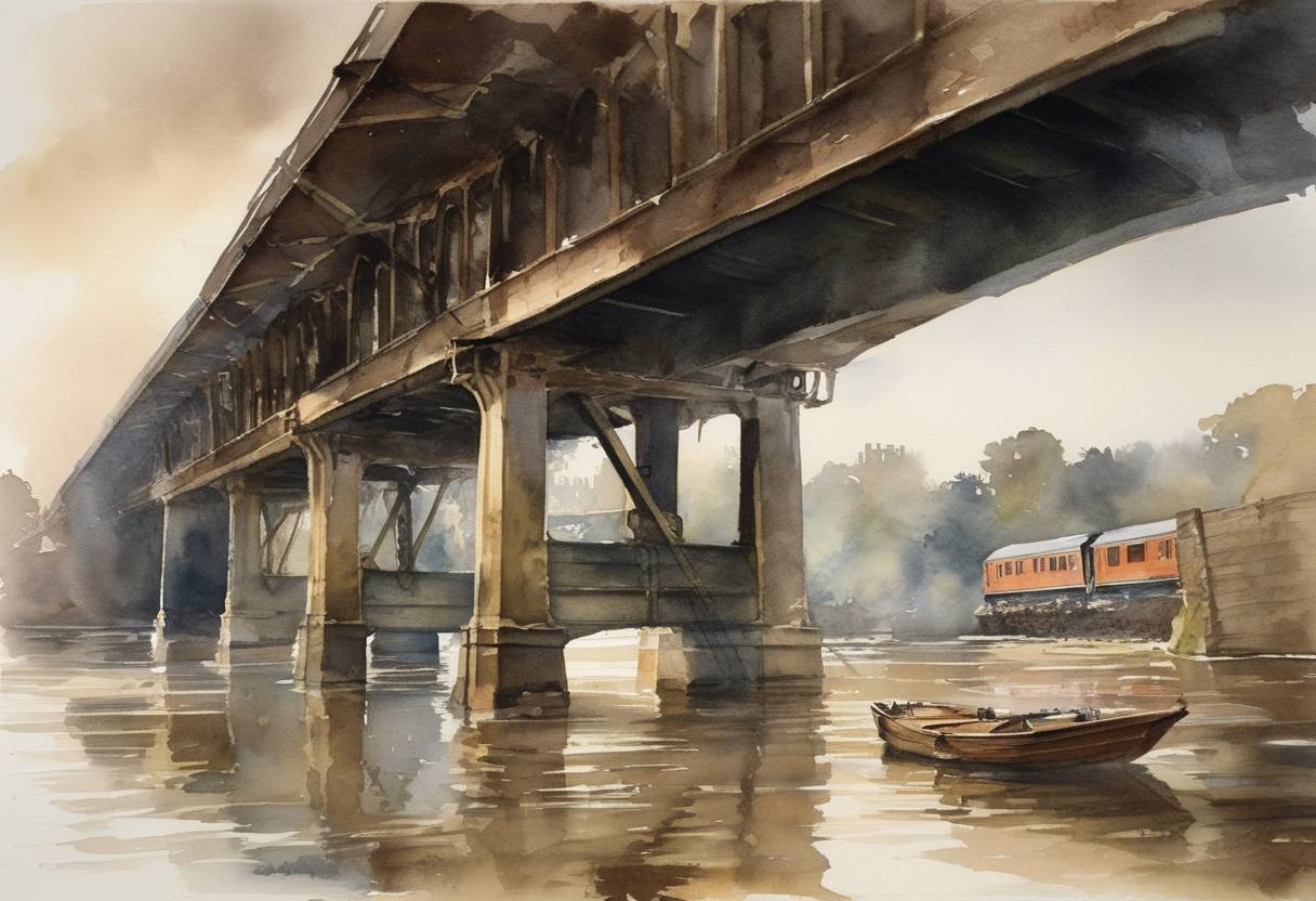Watercolor painting based depiction of The Viaduct Girder Bridge over the River Thames at Sutton in England collapsed because of unexpected high water levels causing the loss of the passenger train operating over it killing eight people. (1922)