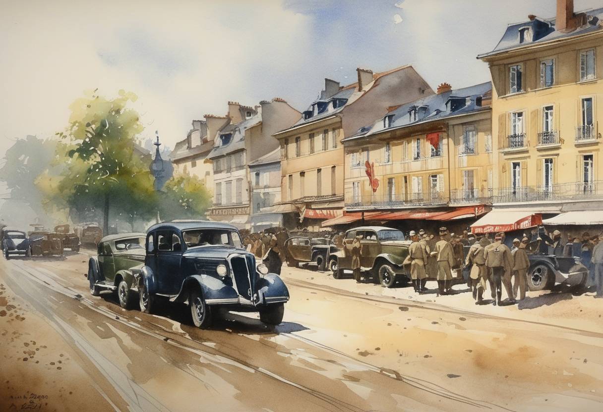 Watercolor painting based depiction of During World War II, Nazi Germany completed the occupation of Vichy France following the Allied landings in North Africa during Operation Torch. (1942)