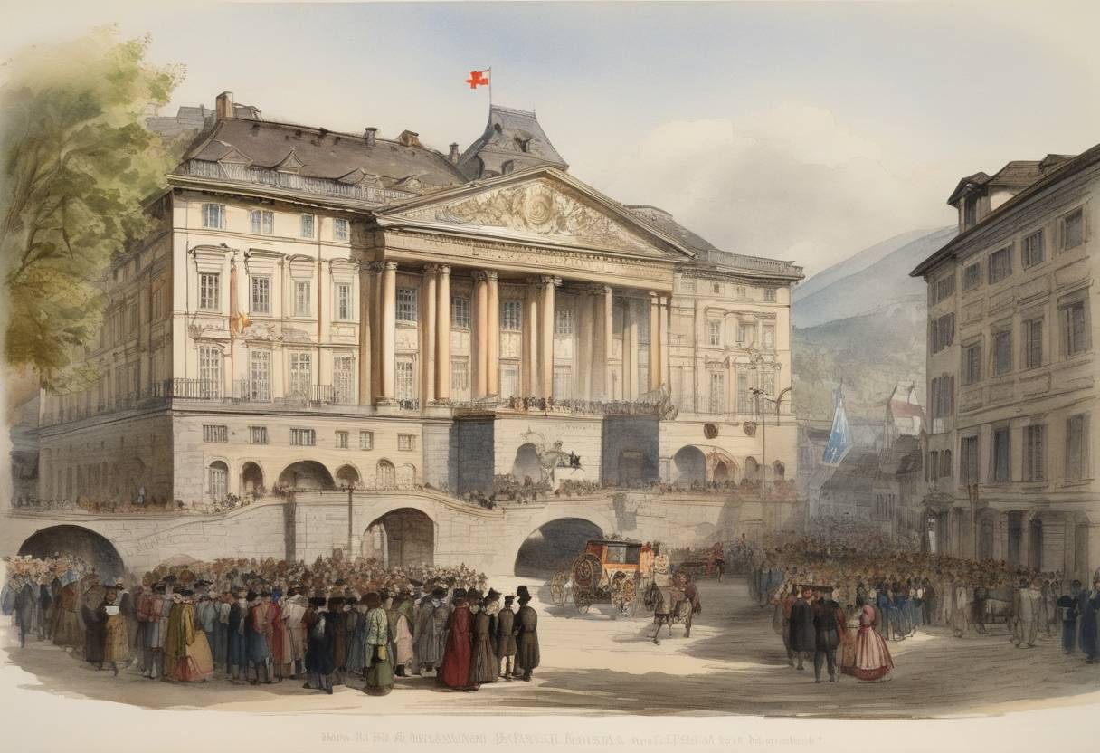 Watercolor painting based depiction of Swiss Federal Constitution enters into force, creating a confederation with a strong central government and a bicameral parliament. (1848)