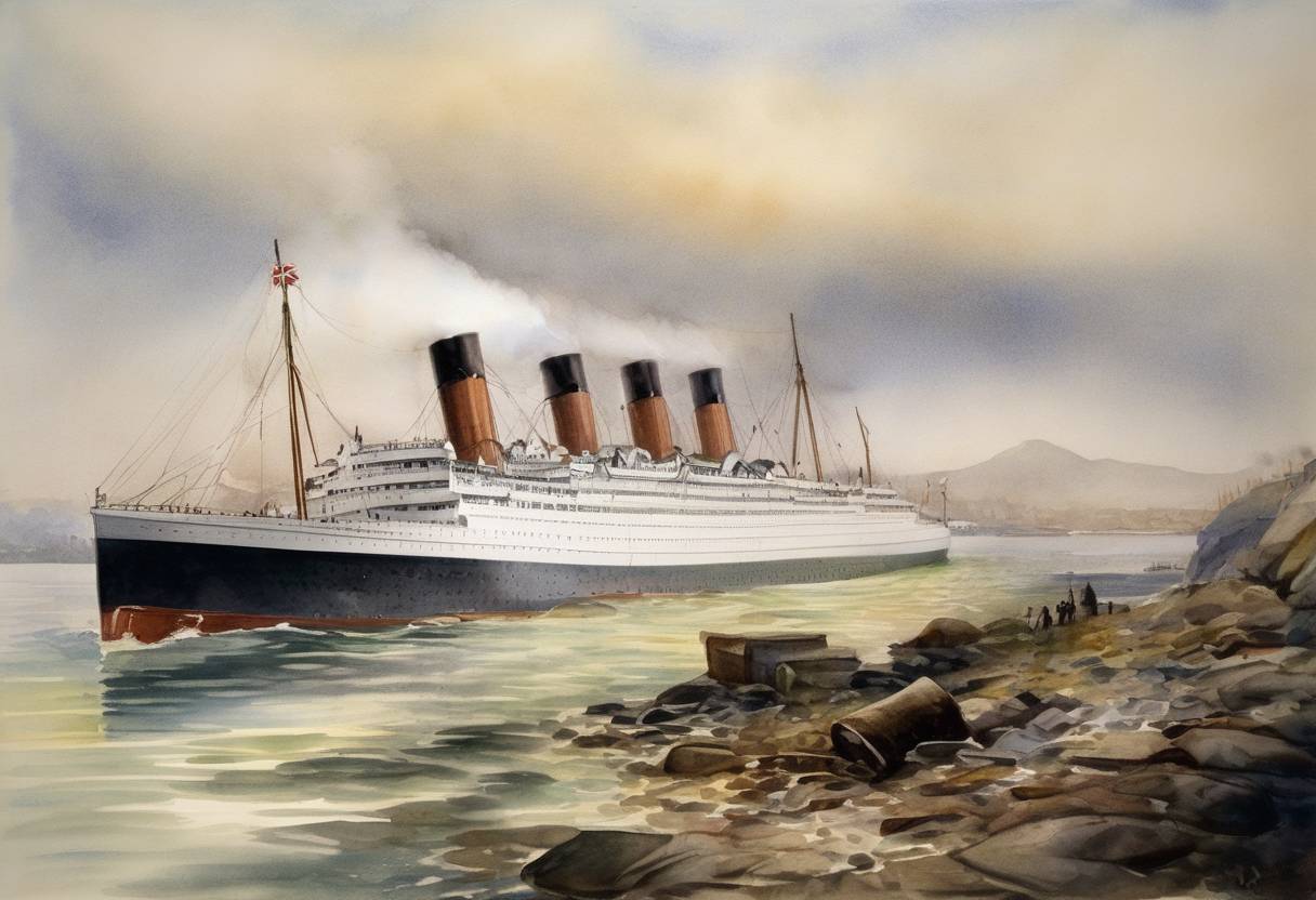 Watercolor painting based depiction of The ocean liner RMS Empress of Ireland sank in the Saint Lawrence River after colliding with the Norwegian collier SS Storstad, resulting in the loss of 1,012 lives. (1914)