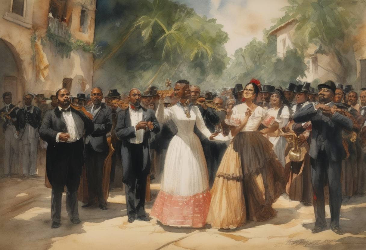 Watercolor painting based depiction of The first public performance of the Dominican Republic's national anthem, "Himno Nacional," took place. The anthem's music composed by José Reyes and the lyrics written by Emilio Prud'Homme were officially adopted three years later. (1883)