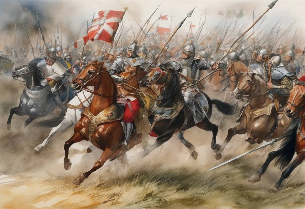 Watercolor painting based depiction of The Battle of Nocera took place in Italy as part of the conflicts during the Anarchy in England. This battle was fought between the forces of King Stephen of England and those of the Empress Matilda, against the backdrop of the civil war for the English crown. (1132)