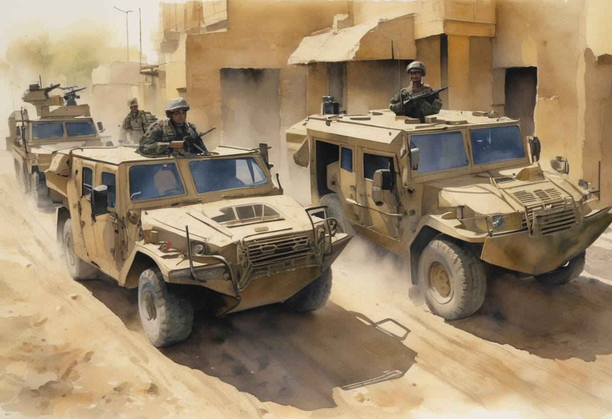 Watercolor painting based depiction of Britain completes the handover of the Maysan province in southern Iraq to local Iraqi forces, marking a significant step in the devolution of security responsibilities by coalition forces. (2007)