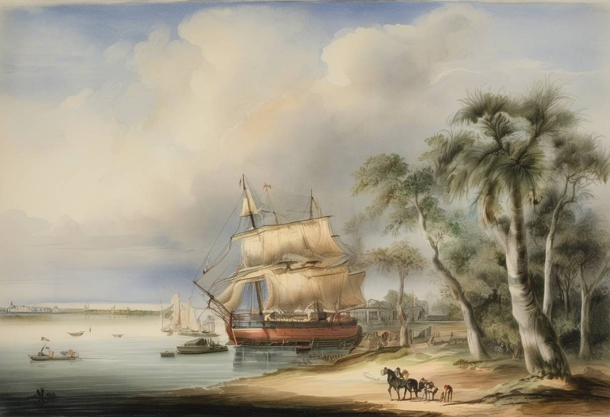 Watercolor painting based depiction of The United States takes possession of its newly acquired Florida Territory from Spain. (1821)